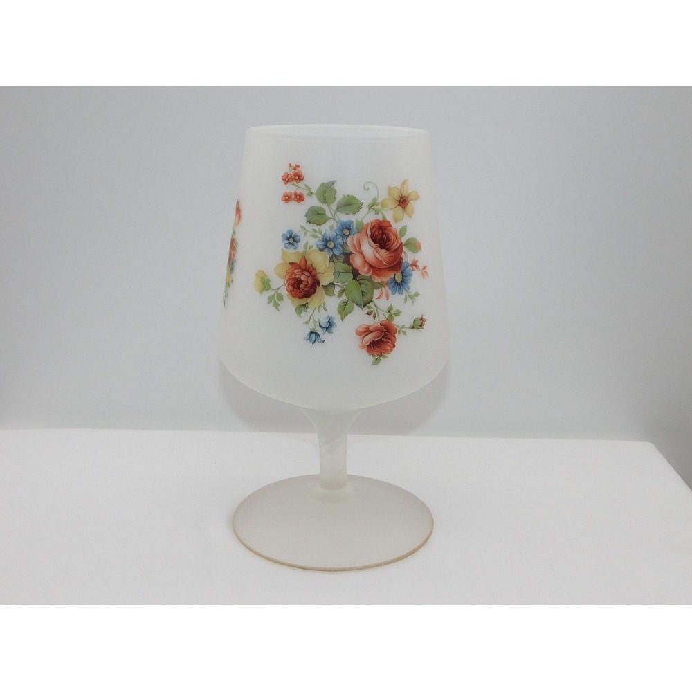 Vtg f rosted satin Norleans glass floral goblet painted bouquet of roses Italy